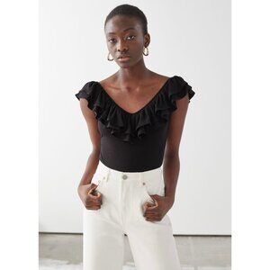 & OTHER STORIES Stretchy Ribbed V-Neck Sleeveless Ruffled Bodysuit (Black, XS)